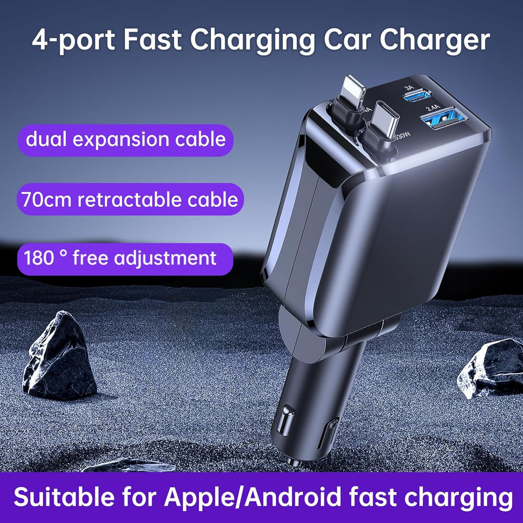 4 in 1 Retractable Car Charger, 69W Fast Charging USB C Car Charger with 2 Built-In Cables & Dual Ports, Multi Port Car Phone Charger Adapter for Iphone 17/16/15, Tablets, Android