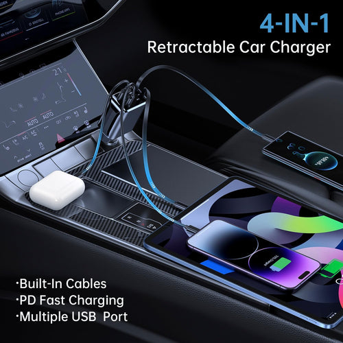 4 in 1 Retractable Car Charger, 69W Fast Charging USB C Car Charger with 2 Built-In Cables & Dual Ports, Multi Port Car Phone Charger Adapter for Iphone 17/16/15, Tablets, Android