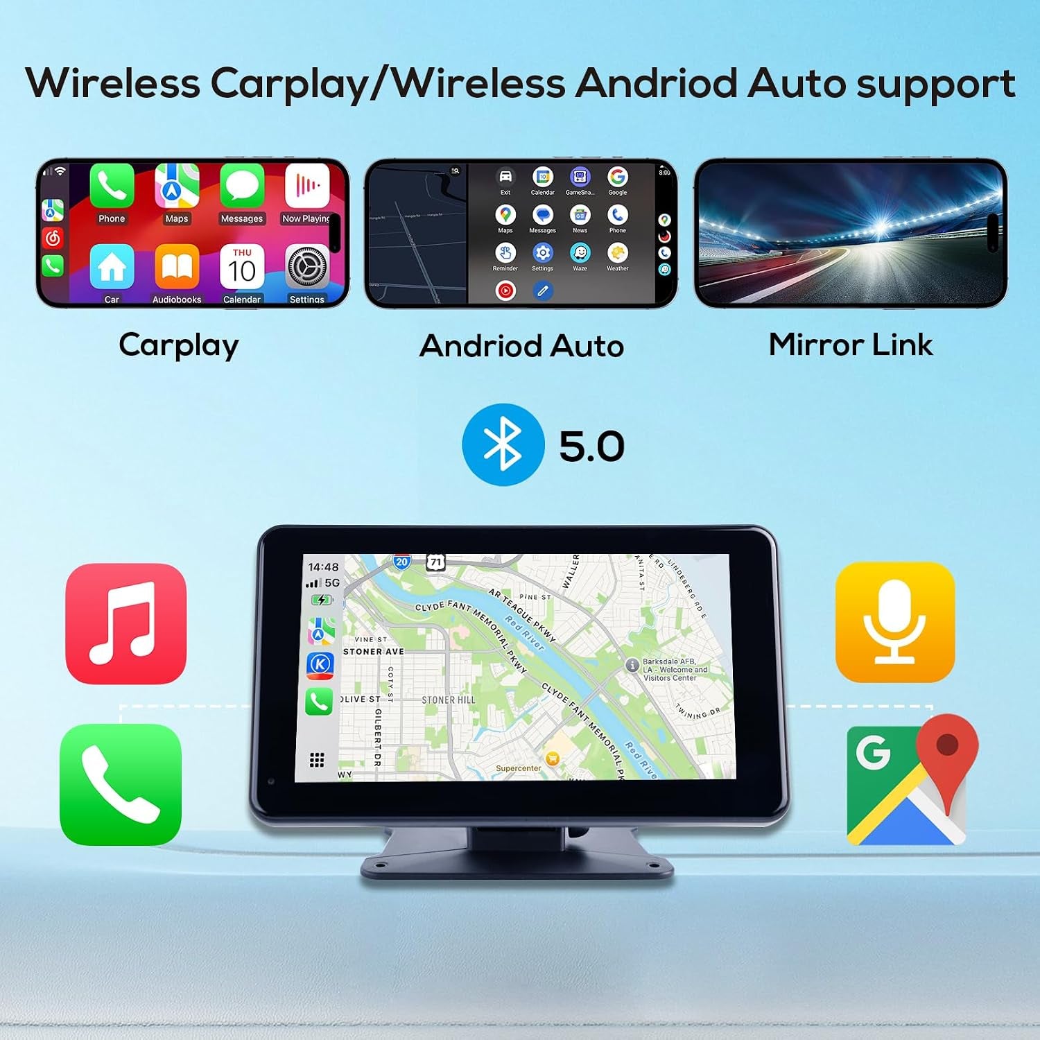 Portable Wireless Carplay Screen for Car,7 Inch Car Stereo Wireless Carplay & Android Auto,1080P Backup Camera Car Audio Receivers GPS Navigation Mirror Link