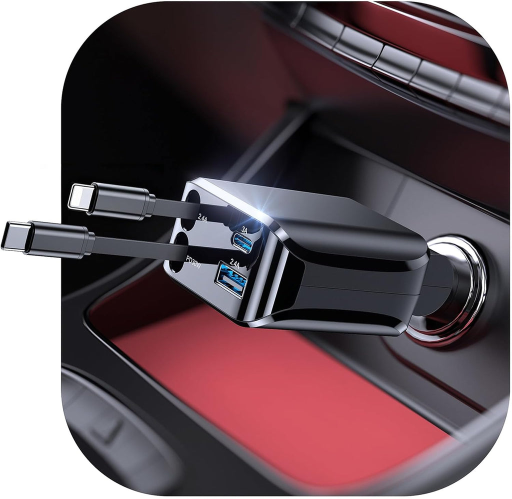 4 in 1 Retractable Car Charger, 69W Fast Charging USB C Car Charger with 2 Built-In Cables & Dual Ports, Multi Port Car Phone Charger Adapter for Iphone 17/16/15, Tablets, Android