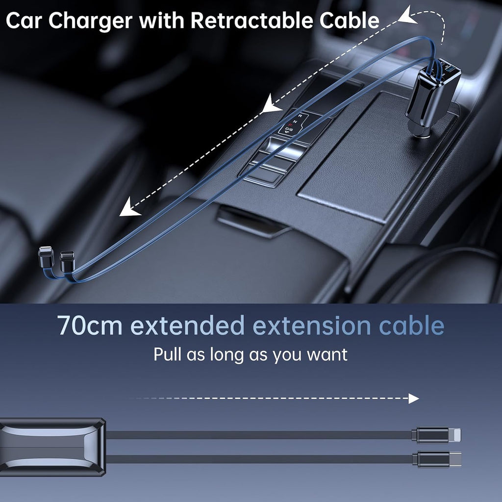 4 in 1 Retractable Car Charger, 69W Fast Charging USB C Car Charger with 2 Built-In Cables & Dual Ports, Multi Port Car Phone Charger Adapter for Iphone 17/16/15, Tablets, Android